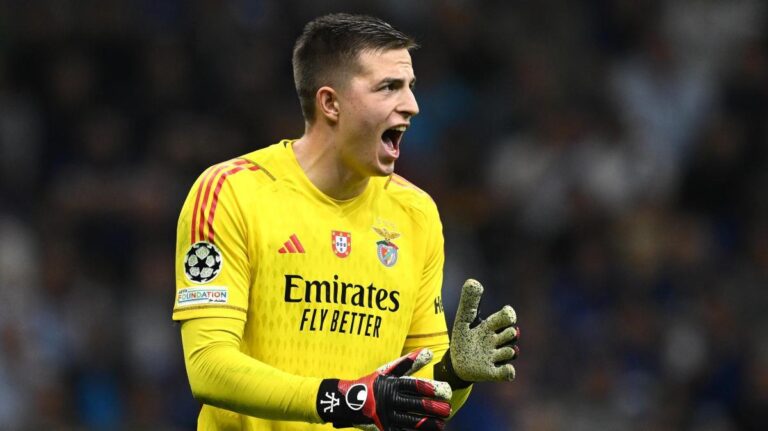Benfica goalkeeper Anatoliy Trubin, passed over as Real Madrid back Javi Navarro (photo via imagephotoagency.it, Bernabeu Digital)